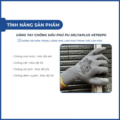 Găng tay bảo hộ lao động Deltaplus VE702PG phủ PU ôm tay, dễ cầm nắm, chống dầu, sửa chữa, vận hành