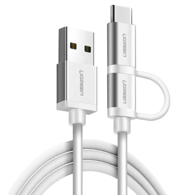 Ugreen UG20873US177TK 1.5M màu Bạc Cáp USB-A sang Micro USB + USB-C cao cấp - HÀNG CHÍNH HÃNG