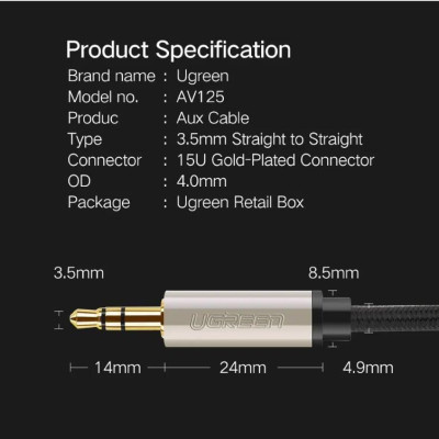 Ugreen UG40788AV125TK 20M màu Đen Cáp âm thanh 2 đầu 3.5mm dương đầu bọc kim loại cao cấp - HÀNG CHÍNH HÃNG