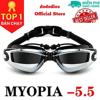 Kính bơi cận thị độ cận 5.5 độ có gắn nút bịt tai ngăn nước; mắt kiếng bơi chống tia UV, chống hấp hơi