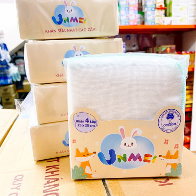 Gói 50 Khăn sữa vải gạc Unmei Dày 4 lớp 25x25cm 100% cotton (Đồ dùng vệ sinh cho bé)