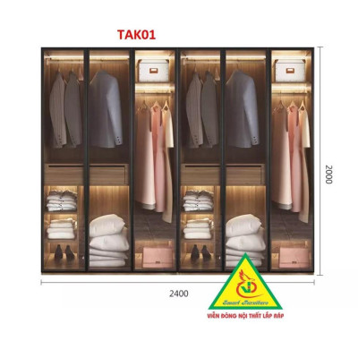 Tủ quần áo gỗ MDF cánh kính cường lực khung nhôm TAK03 - Nội thất lắp ráp Viendong Adv