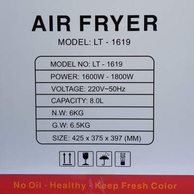 Nồi Chiên Không Dầu Dung tích Lớn 8 Lít, Công suất 1800W, Giỏ Chiên Rời, Ốp Inox LORENTE LT-1619 - HÀNG CHÍNH HÃNG