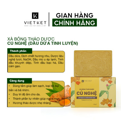 Cục Xà Bông Thảo Dược Củ Nghệ VIETKET 100g - Làm Sạch, Giảm Mụn Lưng, Sáng Da, Duy Trì Độ Ẩm, Hương Thơm Thảo Dược