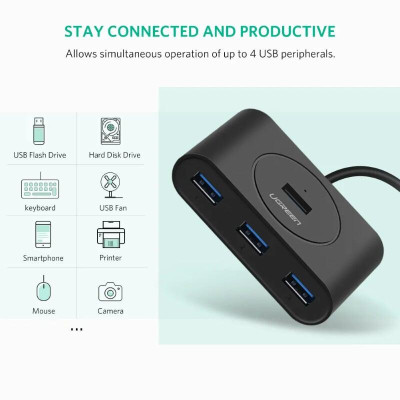 Ugreen UG20290CR113TK 50CM màu Đen Bộ chia HUB USB 3.0 sang 4 USB 3.0 hỗ trợ nguồn 5V - HÀNG CHÍNH HÃNG