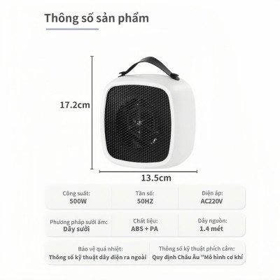 Quạt sưởi mini H358, máy sưởi mini để bàn thiết kế nhỏ gọn tiện lợi, không mùi nhựa, công suất 350-500W, hàng chính hãng, BH 12 tháng