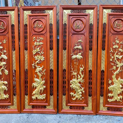 Tranh tứ quý bốn mùa xuân ,hạ, thu , đông bằng gỗ hương đỏ kt 37×107×3cm 