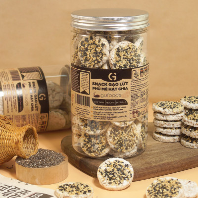 Snack gạo lứt phủ mè hạt chia GUfoods - Topping béo bùi giòn rụm, Tiện lợi, Giàu chất xơ, Eat clean, Thuần chay