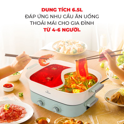 Bếp Nướng Lẩu Hai Ngăn Đa Năng Kalpen 6.5L PP66 Công Suất 2200W - Hàng Chính hãng