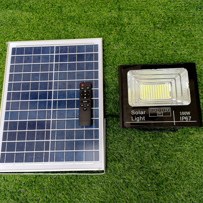 Đèn Năng Lượng Mặt Trời Pha 100W - Bộ sản phẩm gồm Đèn Pha Báo Pin, Tấm Pin NL, Remote và phụ kiện đi kèm