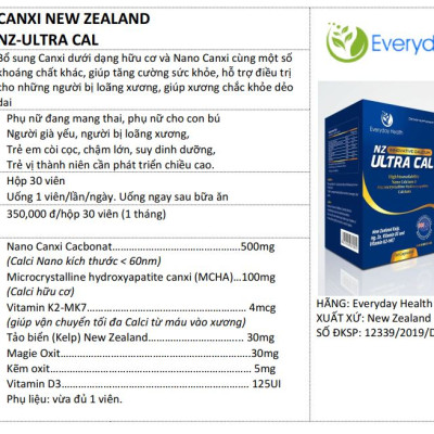 Viên uống canxi hữu cơ nhập khẩu chính hãng New Zealand Canxi Nano NZ ULTRA CAL (30 viên) giúp giảm nguy cơ loãng xương, giúp xương chắc khỏe, phát triển chiều cao