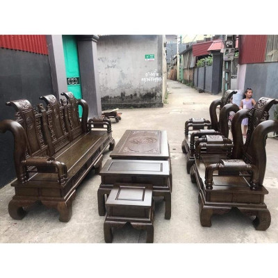 Bàn ghế tần thủy hoàng gỗ mun đuôi công tay 12 đẹp