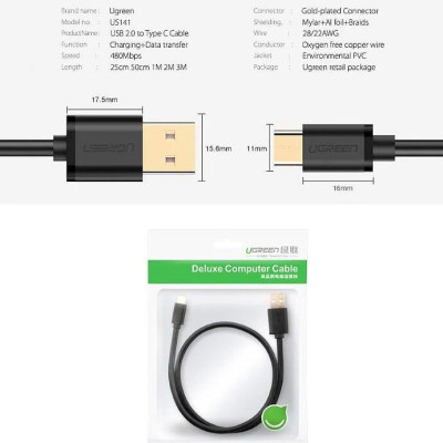Ugreen UG10659US141TK 25CM Màu xanh lá Cáp Usb 2.0 Sang Type C mạ vàng - HÀNG CHÍNH HÃNG