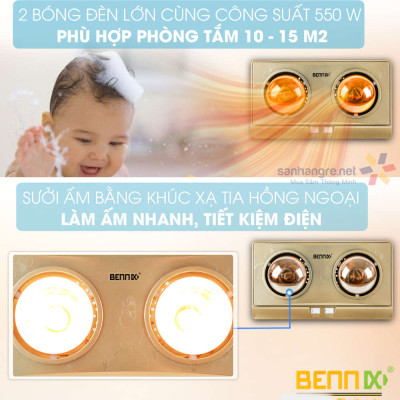 Đèn sưởi nhà tắm Bennix 2 bóng BN-2G - Hàng chính hãng