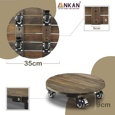 Đế Lót Chậu Cây Có Bánh Xe Cao Cấp ANKAN, Tròn Màu Xám Đen R35cm, Tải trọng 150 Kg, Di Chuyển Chậu Cây Êm Ái, Không Ồn