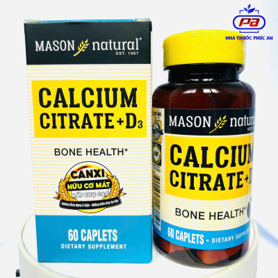 Viên uống bổ sung Canxi hữu cơ + Vitamin D3 cho bà bầu Mason Natural Calcium Citrate + D3 Mỹ 60 viên