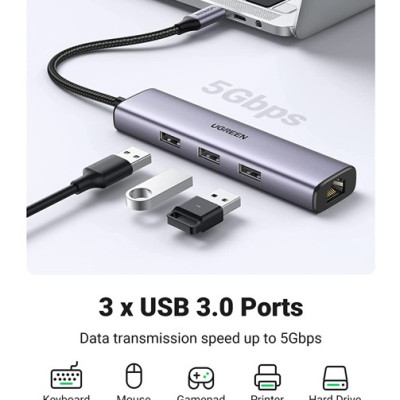 Hub chia USB Type-C ra 3 cổng USB 3.0 Type-A kèm Lan Gigabit vỏ nhôm Ugreen 60600 - Hàng chính hãng