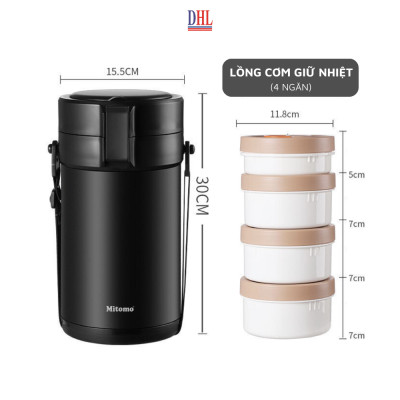Lồng cơm 4 ngăn giữ nhiệt văn phòng Mitomo LCH-7086 dung tích 2.8L kèm nĩa và thìa