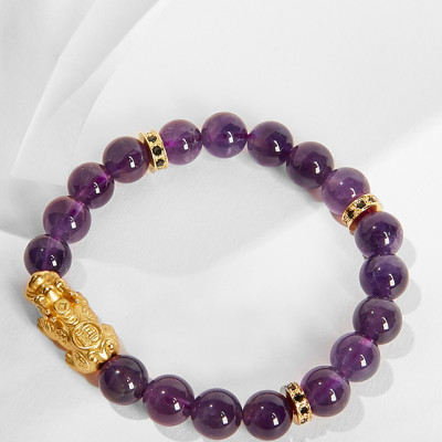 Vòng tay đá thạch anh tím charm tỳ hưu bọc vàng 24k Ngọc Quý Gemstones