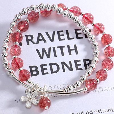 Vòng tay 2 line đá thạch anh dâu phối charm hoa bạc mệnh hỏa, thổ - Ngọc Quý Gemstones