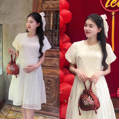 Đầm bầu tơ phom đuôi cá đính nơ dễ thương, trẻ trung diện đi làm, đi chơi, đi tiệc Nữ Women Nữ Women