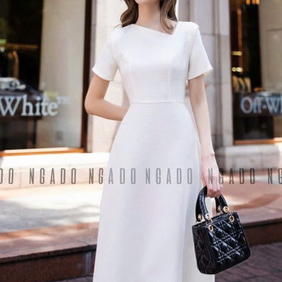 Đầm trắng cổ xéo NGADO , đầm dáng dài , đầm kiểu , đầm nữ , đầm dự tiệc
