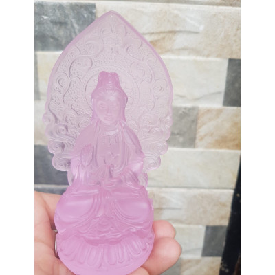 Tượng Phật Bà Quan Âm Mới Đá Lưu Ly Hồng Để Trong Xe Hơi hoặc trên bàn cao 12cm đk 7cm đế 5cm hợp Anh Chị Mệnh Hỏa mệnh Thổ ạ