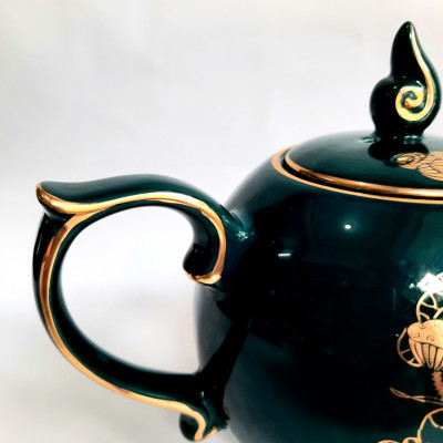 Bộ ấm chén Bát Tràng cao cấp phú quý Mallard màu xanh Arctic họa tiết hoa sen vẽ vàng 24k