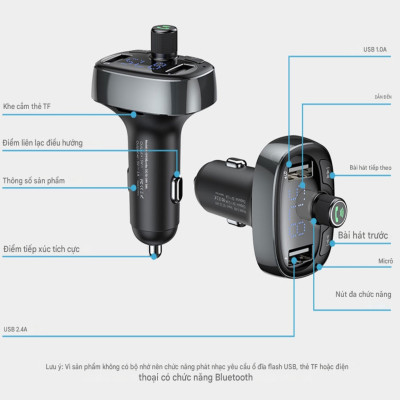 Tẩu sạc đa năng phát nhạc trên ô tô Baseus T Shaped S-09 Car Bluetooth MP3 Player - Hàng chính hãng