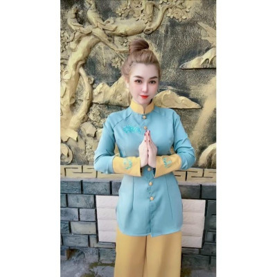 Đồ Lam Đi Chùa Cao Cấp # Phối 2 Màu Thêu Hoa Sen