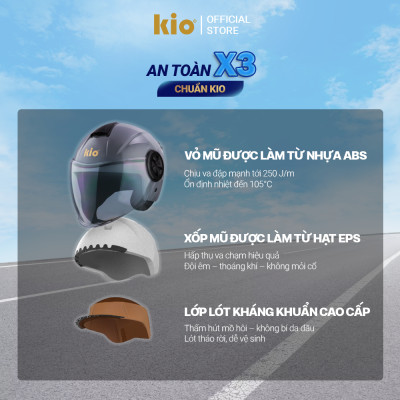 Mũ Bảo Hiểm 3/4 Kio SafeStyle Metro KN06K, Kính Dài Phủ Nano Chống Tia UV, Thông Gió Thoáng Khí