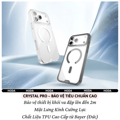 Ốp lưng kính cường lực chống sốc 2m viền TPU Hoda Crystal Pro trong suốt clear cho IPhone 17 Air 17 Pro Max 17 Pro 16 Pro Max 16 Pro - Hàng nhập khẩu