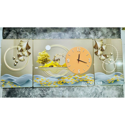 Tranh đồng hồ tráng gương cách điệu hươu vàng tài lộc trang trí phòng khách, làm quà tân gia