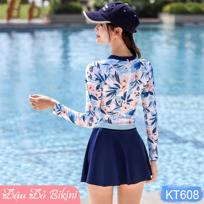 Bộ Bơi Nữ Liền Quần Tam Giác Kèm Chân Váy Rời, Áo Dài Tay Chống Nắng UV Màu Sáng, Thun Bơi Mát, Có Sẵn Đệm Tròn Tạo Phom | KT608