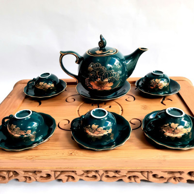 Bộ ấm chén Bát Tràng cao cấp phú quý Mallard màu xanh Arctic họa tiết hoa sen vẽ vàng 24k