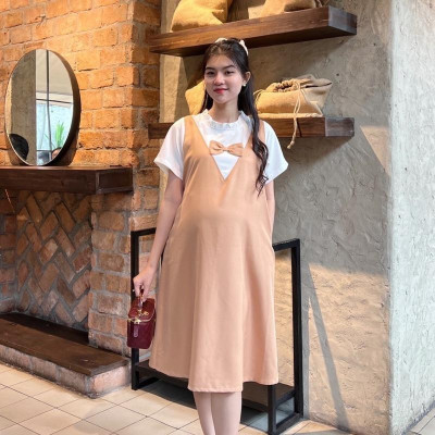 Đầm bầu yếm liền công sở cổ bèo tim đính nơ chất cotton lạnh mềm mịn dễ thương