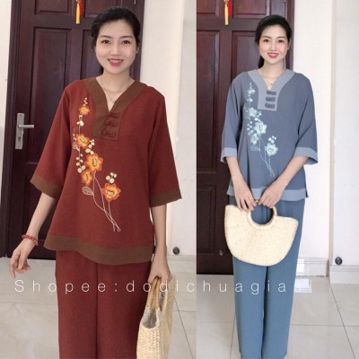 Đồ Lam Đi Chùa # Cổ Y Thêu Hoa SaLa# Đồ Bộ # Quần Áo Nữ# Vải Mát