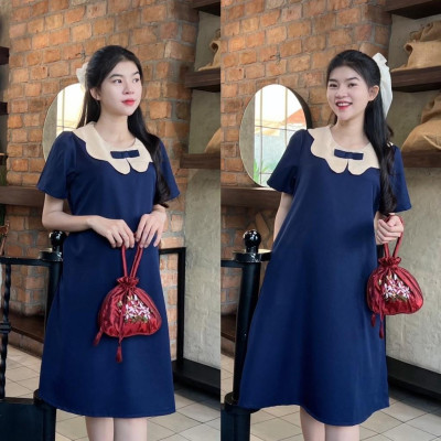 Đầm bầu công sở cổ sen phối nơ chất cotton lạnh phom suông gọn dáng thanh lịch