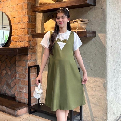 Đầm bầu yếm liền công sở cổ bèo tim đính nơ chất cotton lạnh mềm mịn dễ thương