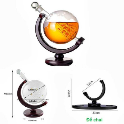Chai Đựng Rượu Thủy Tinh 1500ML mẫu globe nắp thủy tinh đặc kèm đế gỗ - Vỏ Chai Rượu Đẹp trang trí – Bình Đựng Rượu Thủy Tinh decor (E18)