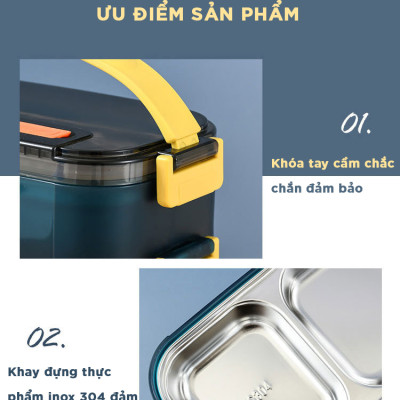 Hộp cơm giữ nhiệt văn phòng YESURE 1200ml Hai Tầng có ngăn Inox Tháo rời dễ dàng cho vào lò Vi Sóng - Hàng chính hãng
