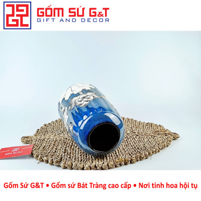 Lọ hoa men hỏa biến lá dứa miệng thấp vẽ sen Gốm Sứ G&T