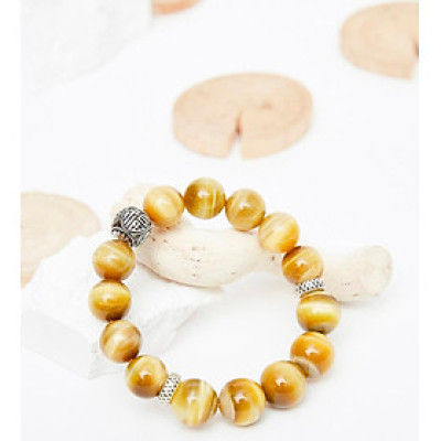 Vòng tay đá thạch anh mắt hổ vàng tâm phối charm tròn bạc 13mm mệnh thổ, kim - Ngọc Quý Gemstones
