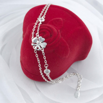 Vòng Tay Nữ Bạc 925 Dây Kép Cỏ 4 Lá May Mắn Đính Đá Cao Cấp BẠC HIỂU MINH LTU552