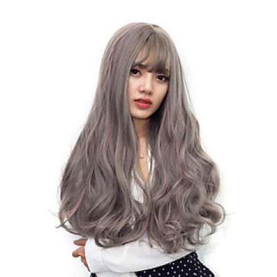 Tóc giả cao cấp xám light hồng, tóc chịu nhiệt- tặng lưới chùm
