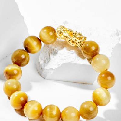 Vòng Tay Phong Thủy Đá Mắt Hổ Vàng Tâm Phối Charm Tỳ Hưu Mạ Vàng 24K (12mm) Mệnh Thổ, Kim Ngọc Quý Gemstones