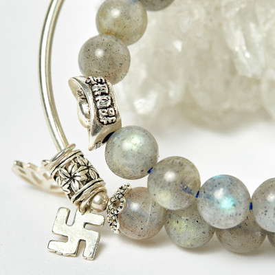 Vòng 2 line đá xà cừ xám ánh xanh phối charm nén bạc hạt 7mm - Ngọc Quý Gemstones