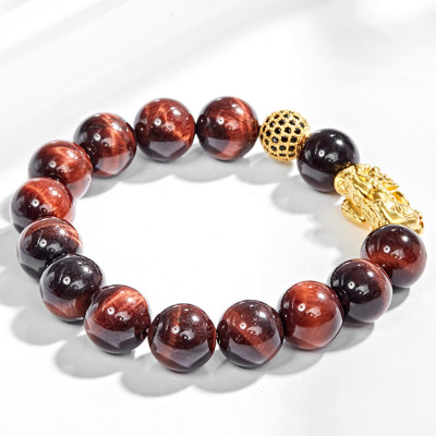 Vòng Tay Nam Đá Mắt Hổ Nâu Đỏ Phối Tỳ Hưu Bạc Mạ Vàng 24K Ngọc Quý Gemstones