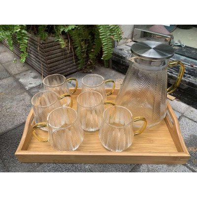 Bộ bình + 6 cốc sần họa tiết lá lúa