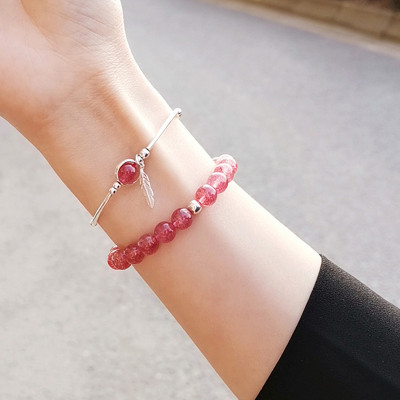 Vòng đôi đá thạch anh dâu phối charm lá bạc mệnh hỏa, thổ - Ngọc Quý Gemstones